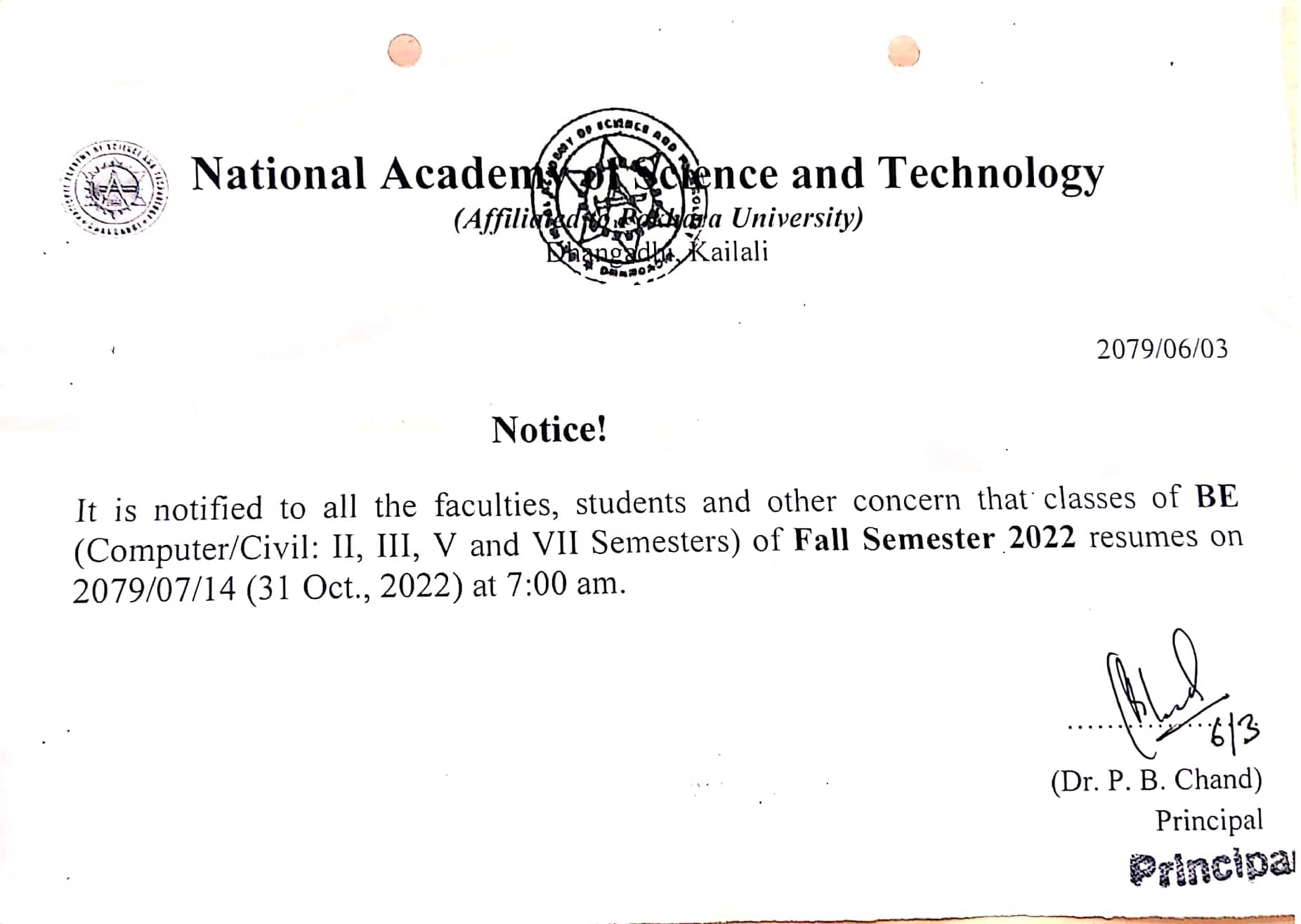 Fall Semester 2022 Class Resume Notice for BE (Computer and Civil)