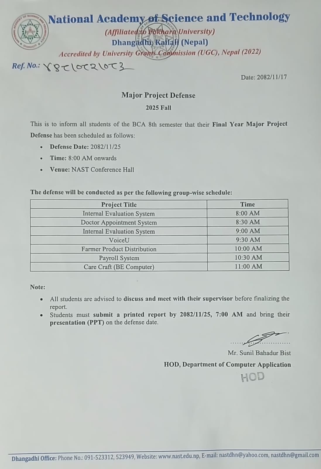 Notice Regarding Major Project Defense 2025 Fall, BCA